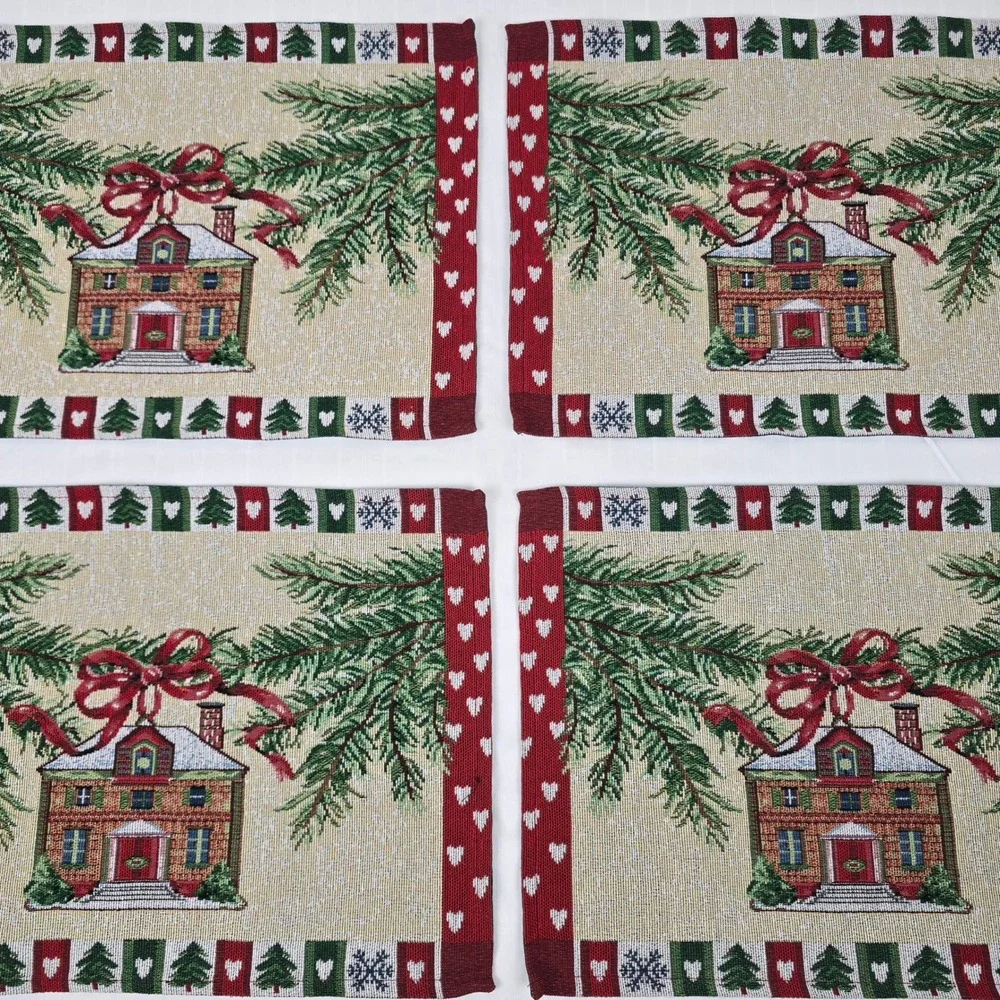 Vintage Christmas Tapestry Placemats Set Holiday Cottage Winter Decor 17.5x13